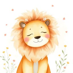 A lion with a fluffy mane decorated with tiny flowers, eyes closed in a peaceful smile.