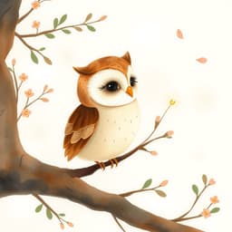 A small owl perched on a branch, looking curiously at a tiny firefly.