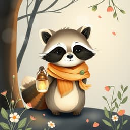 A raccoon wearing a little scarf, holding a lantern in a nighttime forest.