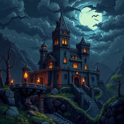 a haunted castle at night with flickering torches and stormy skies