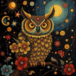 a mystical owl with radiant eyes perched under a cosmic night sky