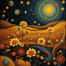 a vast desert filled with blooming cosmic flowers under a starry sky.