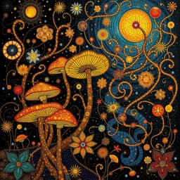 an enchanted forest where glowing mushrooms and celestial vines intertwine.