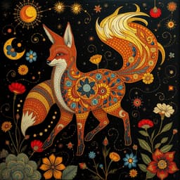 a mythical fox with a glowing tail, walking through a dreamlike garden