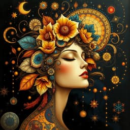 a celestial woman with an ornate floral headdress, eyes closed in serene contemplation