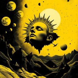 A floating human face with a sun-like halo, surreal and mysterious, surrounded by cosmic patterns and stippled shading.