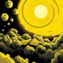 A lone traveler walking on a floating cloud, surrounded by swirling cosmic patterns. The sun above has a human face, watching over the dreamscape in a surreal manner