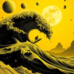 A single surfer riding an impossibly large wave with intricate swirling patterns. The background is golden yellow with a cosmic, surreal glow.