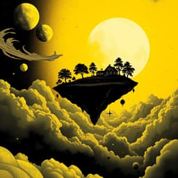 A floating island in the sky, with a house and trees suspended in mid-air. The background consists of a large surreal sun and swirling clouds