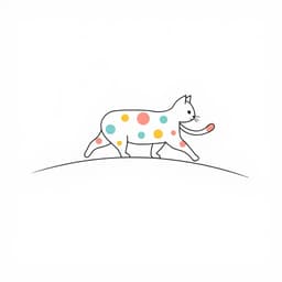 A cat with colorful spots walking gracefully across a curved line.