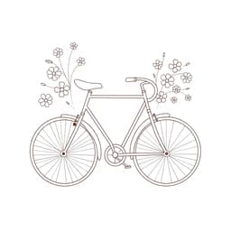 A bicycle with smooth lines and soft pastel tones, with abstract flower patterns floating around it.