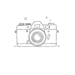 A vintage camera with clean, expressive lines, accented by a few scattered light circles.