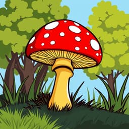 A large, red mushroom with white spots growing on a grassy patch. The mushroom stands out with its vibrant red cap and yellow stem. The background is a mix of green trees and blue sky, with simple, exaggerated shapes of grass and leaves