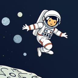 An astronaut floating in space, with a bright white spacesuit and a reflective helmet. The astronaut is hovering above the moon's surface with stars and planets in the background. The space is filled with dark blue and black tones, contrasting with the astronaut’s clean white suit.