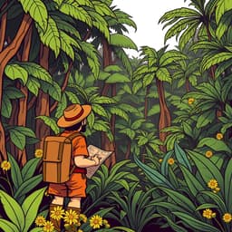 A brave explorer standing at the edge of a dense jungle, gazing at the towering trees and exotic plants. The explorer is wearing a classic hat and carrying a map. The scene is full of bright greens, browns, and pops of yellow in the flowers.