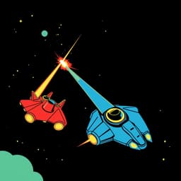 Two futuristic spacecrafts engaged in an epic space battle. The ships are bright red and blue, shooting lasers into the dark space. The stars twinkle in the background, and the ships are outlined in bold black lines with a minimal yet dramatic color palette.