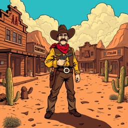 A cowboy facing off in a dusty desert town with wooden saloons and cacti in the background. The cowboy stands tall in the center, with a hand near his holster. The scene is filled with earthy tones like browns and oranges, with the sky bright blue and dramatic clouds.