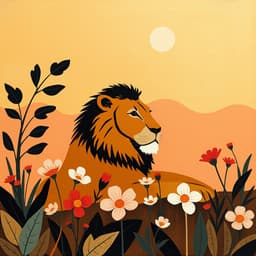 A lion resting in a field of flowers