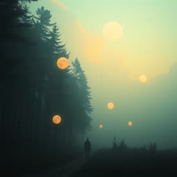 A person walking through a forest with glowing orbs floating above the trees, the sky filled with subtle pastel clouds and a misty atmosphere.