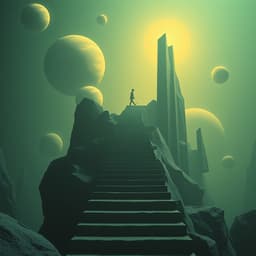 A staircase leading into the sky, surrounded by cosmic planets and abstract geometric figures, with a lone figure walking upwards.