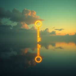 A giant, glowing key floating above a tranquil lake at twilight, with soft clouds swirling and abstract shapes reflecting in the water below.