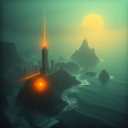 A cityscape melting into the ocean, with floating islands and glowing geometric shapes, surrounded by a grainy, retro atmosphere.