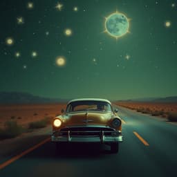 A vintage car driving down a deserted road under a starry night sky, with glowing constellations forming abstract shapes above and surreal, dreamlike surroundings.