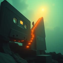 A large cassette tape turned into a staircase leading upwards, with surreal glowing lights trailing behind a figure as they ascend into the sky.