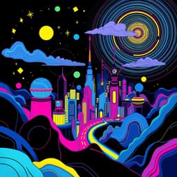 A cityscape with neon lights and abstract shapes