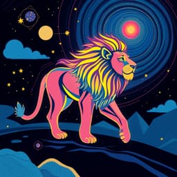 A glowing lion walking on a starry night