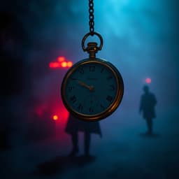 A pocket watch swings slowly in mid-air, casting long shadows against a deep blue background, the golden hands frozen at an ominous time, evoking a sense of timelessness and mystery.