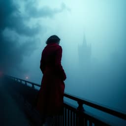 A woman stands at the edge of a bridge, gazing into the fog, her red coat a stark contrast against the misty blue surroundings. The distant towers appear as silhouettes in the haze