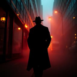 A silhouette of a man in a fedora walks down an urban street illuminated by warm streetlights, with a faint mist surrounding him. The glass facades of nearby buildings reflect the glow, adding a surreal touch