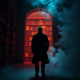 A man dressed in a dark trench coat stands in front of an open door to an ancient library, the vast shelves filled with glowing books, casting an ethereal light. Mist rolls out from the doorway