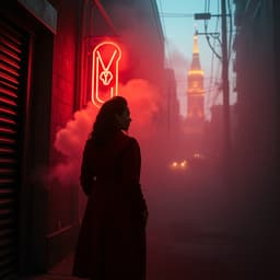 A woman in a red vintage coat stands near a glowing neon sign in a deserted alley, the smoke swirling around her as she looks up at the distant skyline, bathed in a mysterious orange glow.