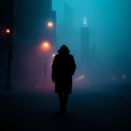 A lone figure in a black trench coat walks down an empty, fog-covered street under dim streetlights, their face obscured by shadows. The city skyline is barely visible in the background, enveloped in a blue haze