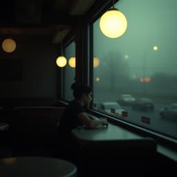 A person sitting alone in a dimly lit diner, staring out the window