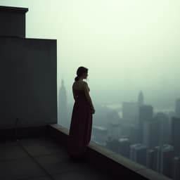 A woman standing at the edge of a desolate rooftop, gazing at the city below