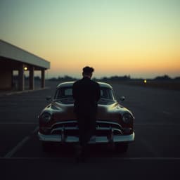 A person leaning against a vintage car in an empty parking lot at dusk