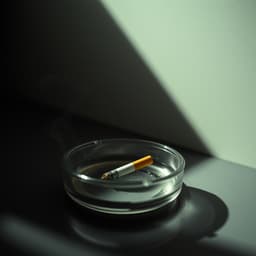 A single cigarette smoldering in an ashtray, with soft shadows casting over the surface