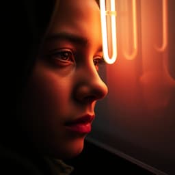 A person’s face partially illuminated by the glow of a neon sign, with a contemplative expression