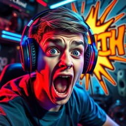 A young man wearing a gaming headset, eyes wide open in shock, mouth agape, illuminated by neon blue and red lights. The background features a gaming setup with futuristic glowing elements, motion blur effects, and graffiti-style text bursting behind him