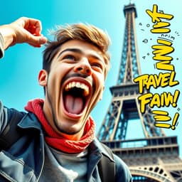 A joyful traveler in front of the Eiffel Tower, mouth open in excitement, wearing casual stylish clothes. The background features a bright blue sky with a comic-style outline effect, dynamic hand-drawn travel icons, and bold graffiti-style text to the side