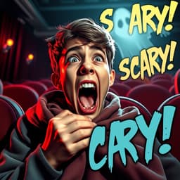 A young man watching a horror movie, eyes terrified, mouth screaming, gripping a blanket. The background features a dark movie theater with a glowing ghostly figure emerging, eerie lighting, and bold 'SCARY!' text in a slanted, distorted style.