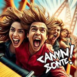 A group of friends on a roller coaster, hair flying, mouths open in both fear and excitement. The background features a looping track, motion blur, high-energy lighting, and dynamic action lines emphasizing movement.