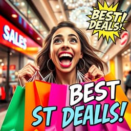 A smiling woman holding multiple colorful shopping bags, mouth wide in excitement. The background features a glamorous shopping mall with bright, glowing sale signs, comic-style sparkle effects, and bold 'BEST DEALS!' text integrated.