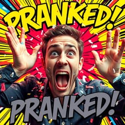 A man covered in confetti with a shocked expression, hands in the air. The background features a comic-style explosion effect with bright, energetic colors and bold 'PRANKED!' text in a graffiti-like font.