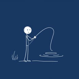 A stickman fishing by a lake