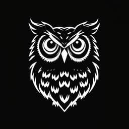 A wise owl with large, expressive eyes, crafted in a high-contrast black and white style.