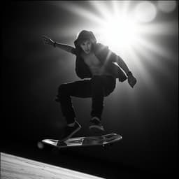 A rebellious skateboarder mid-air, backlit by harsh sunlight, casting a dramatic shadow.